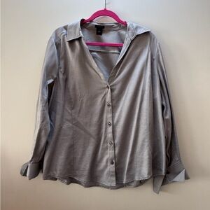 Ann Taylor Gray and White Striped Cotton Button Down